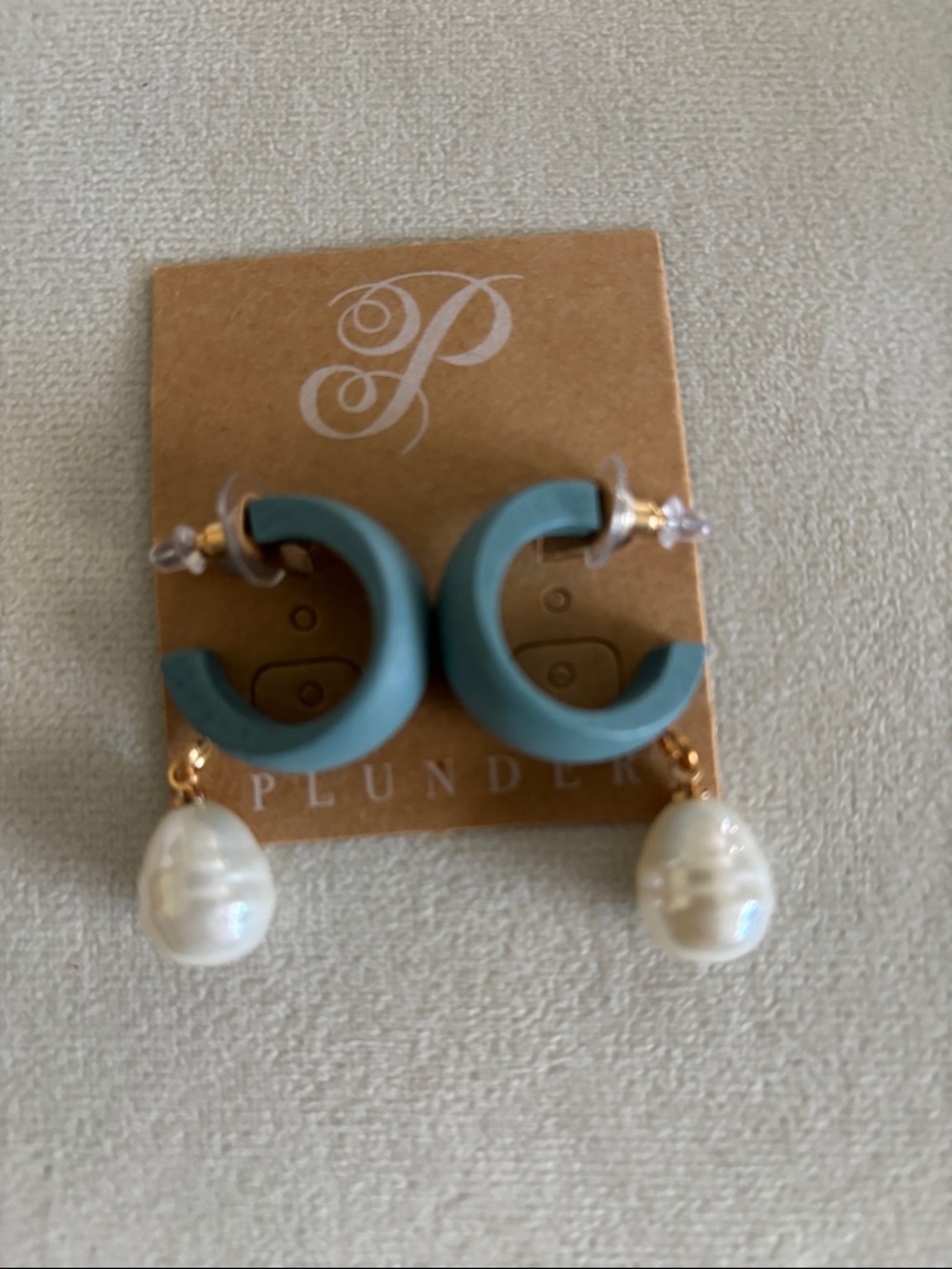 Plunder Teal Crescent Hoop Earrings with Pearl Drops - Picture 2 of 3